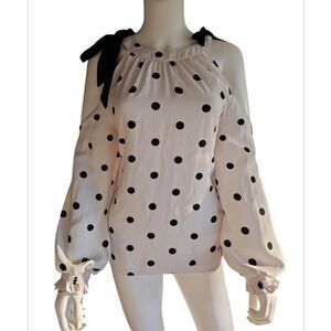 7rh Avenue New York & Company White Polka Dot Shoulderless Blouse Bow Tie SMALL